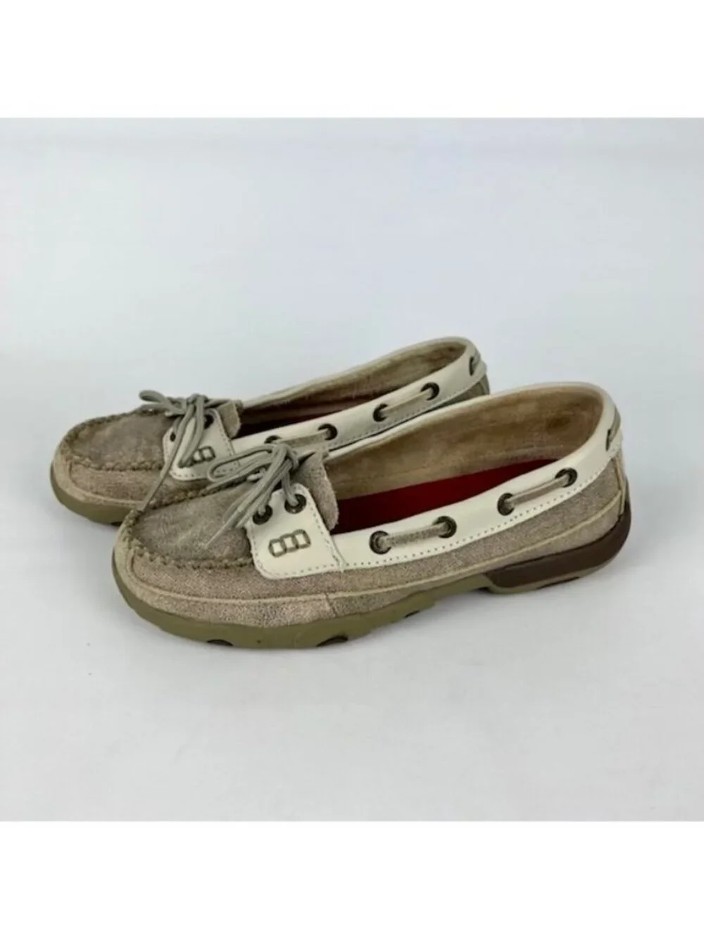 Twisted X Womens Leather Driving Moccasin Loafers Dusty Tan White Shoes size 5.5